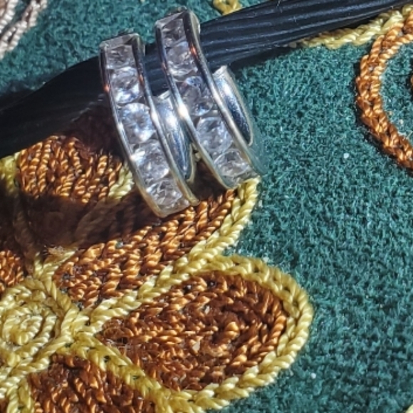 Solid 14KT White Gold & White Sapphire Hoop Earrings - Picture 7 of 14